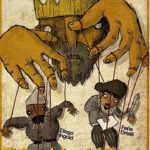 Cartel El Capricho del Rey - un rey maneja dos marionetas